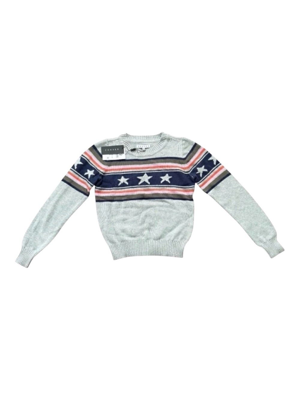 Chaser Stars Stripes Patriotic Knit Sweater Heather Gray 100% Cotton XS NWT⁠